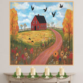 Autumn Farm Folk Art Print Featuring Red Barn Fall Trees Birds and Flowers Hand Painted Country Landscape Illustration for Cozy Rustic Wall Decor or Gift on Ready to Hang 1.5" Thick Canvas Wrap, Floating Framed Canvas, Flat Rolled Canvas
